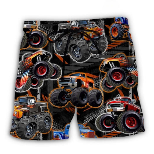 Monster Truck Racing Action Beach Shorts Pattern View For Coastal Holidays And Casual Activities