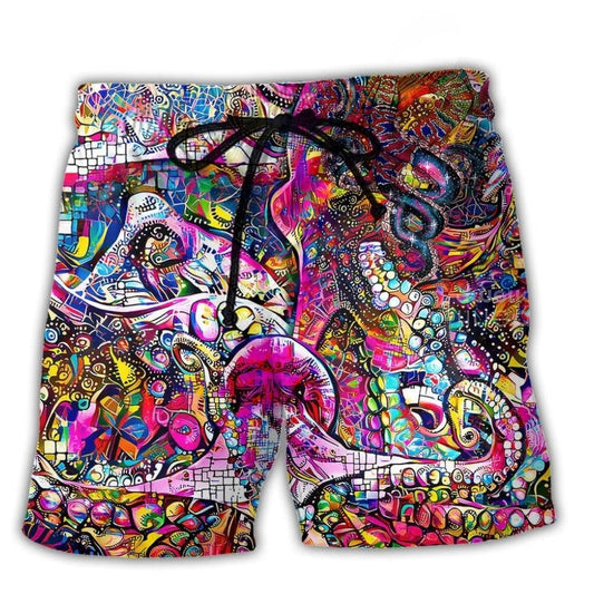 Whimsical Psychedelic Octopus Beach Shorts Design View For Comfortable Resort And Beach Styling