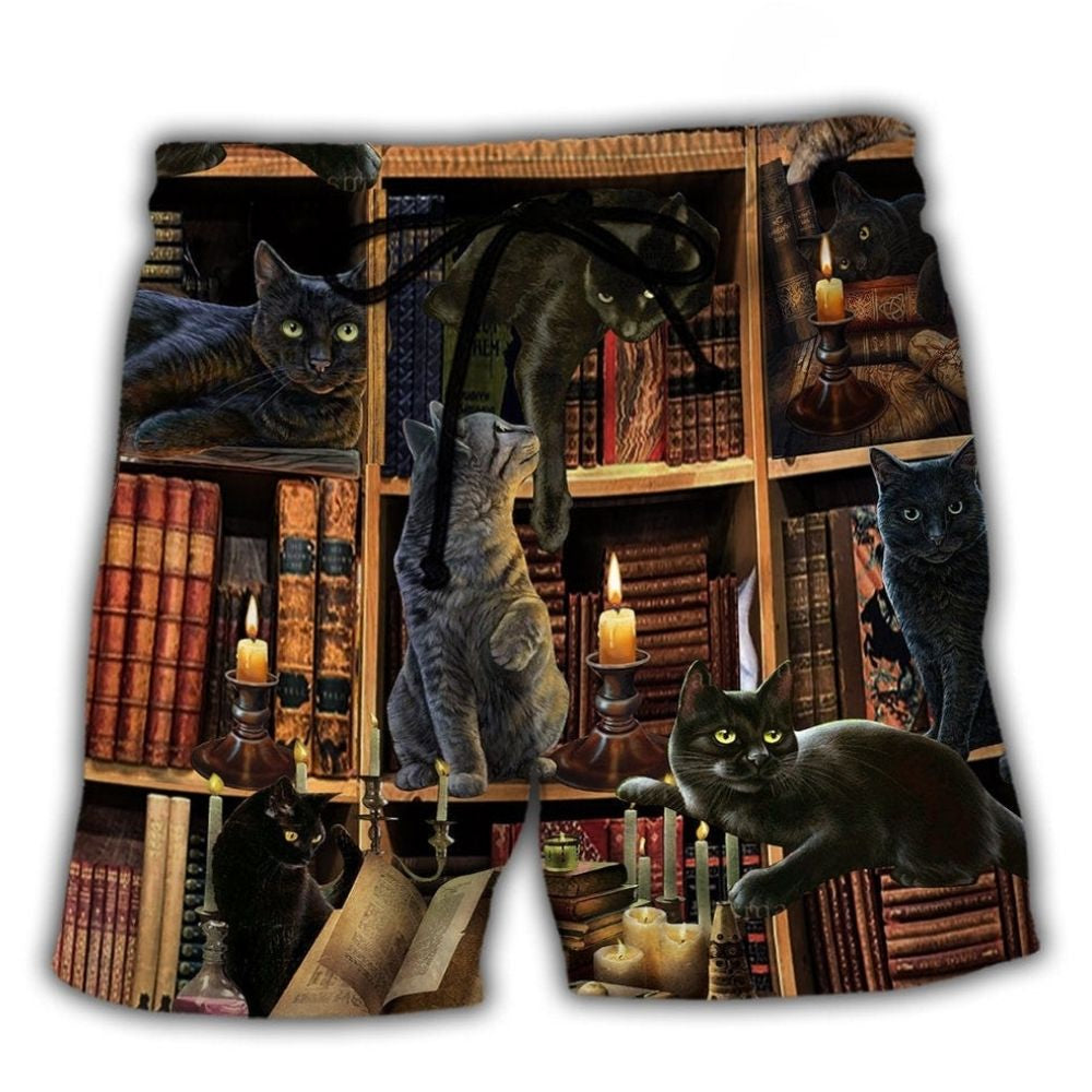 Black Cat Love Books Cozy Beach Shorts Design Detail For Casual Warm Weather Outfits