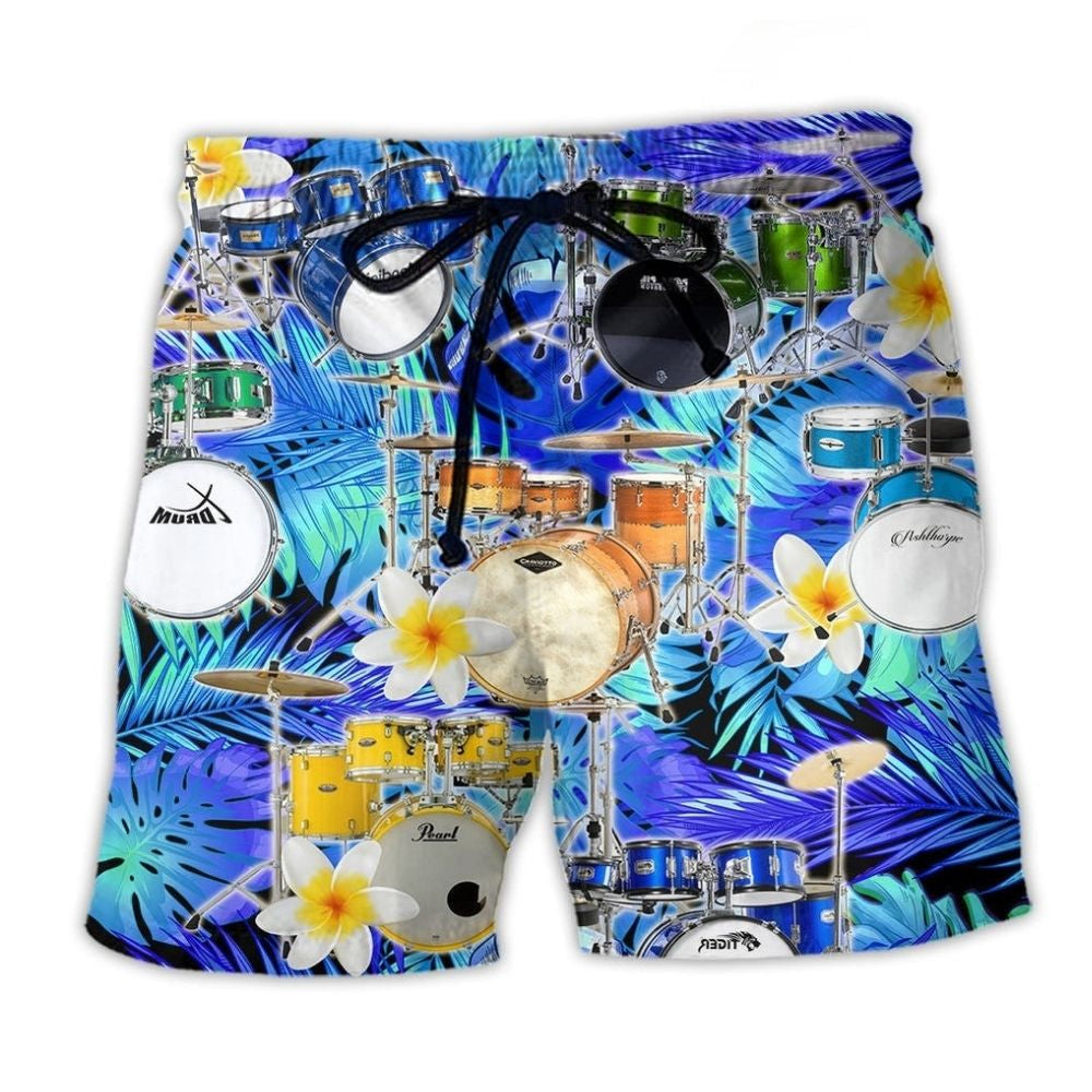 Drums Plumeria Music Beach Shorts For Warm Weather Outings And Laid Back Daily Wear