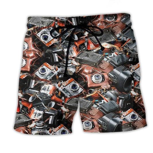 Retro Camera Vintage Beach Shorts For Vacation Travel And Bright Summer Outfits