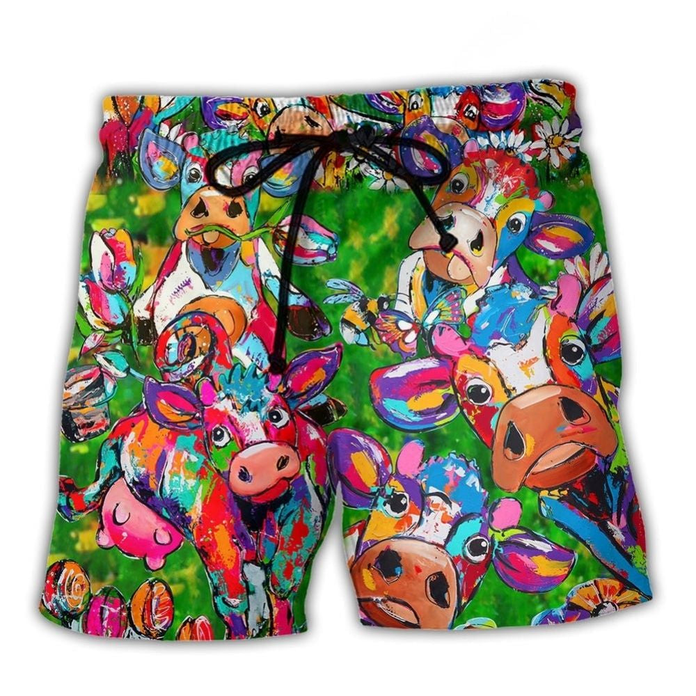 Cow With Flowers Funny Farm Beach Shorts Artwork View For Seaside Trips And Casual Style
