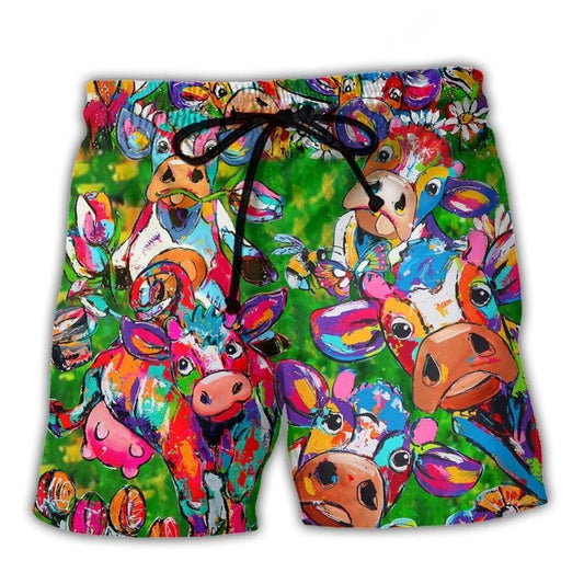 Cow With Flowers Funny Farm Beach Shorts Artwork View For Seaside Trips And Casual Style