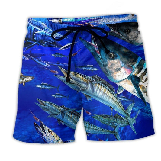 Fishing Ocean Blue Beach Shorts Artwork Detail For Casual Warm Weather Outfits