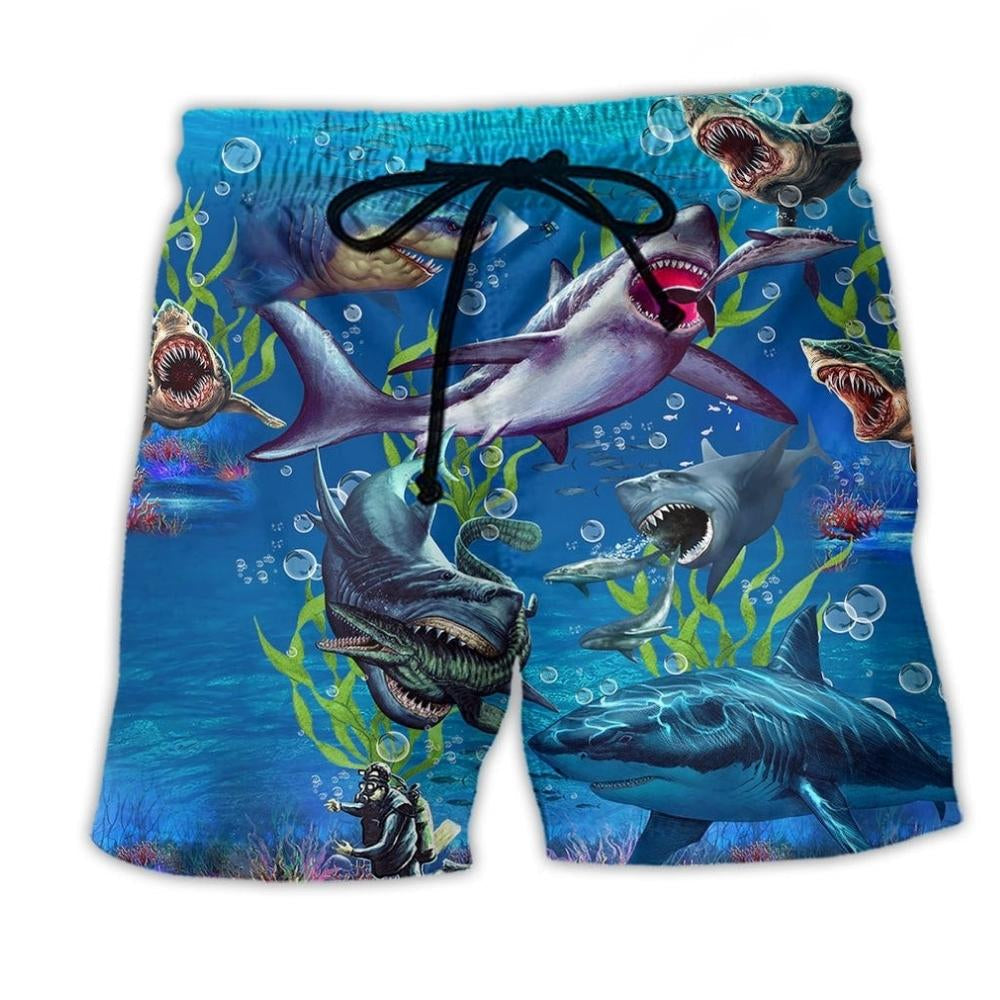 Shark Megalodon Alive Blue Ocean Beach Shorts Pattern View For Relaxed Vacation Styling