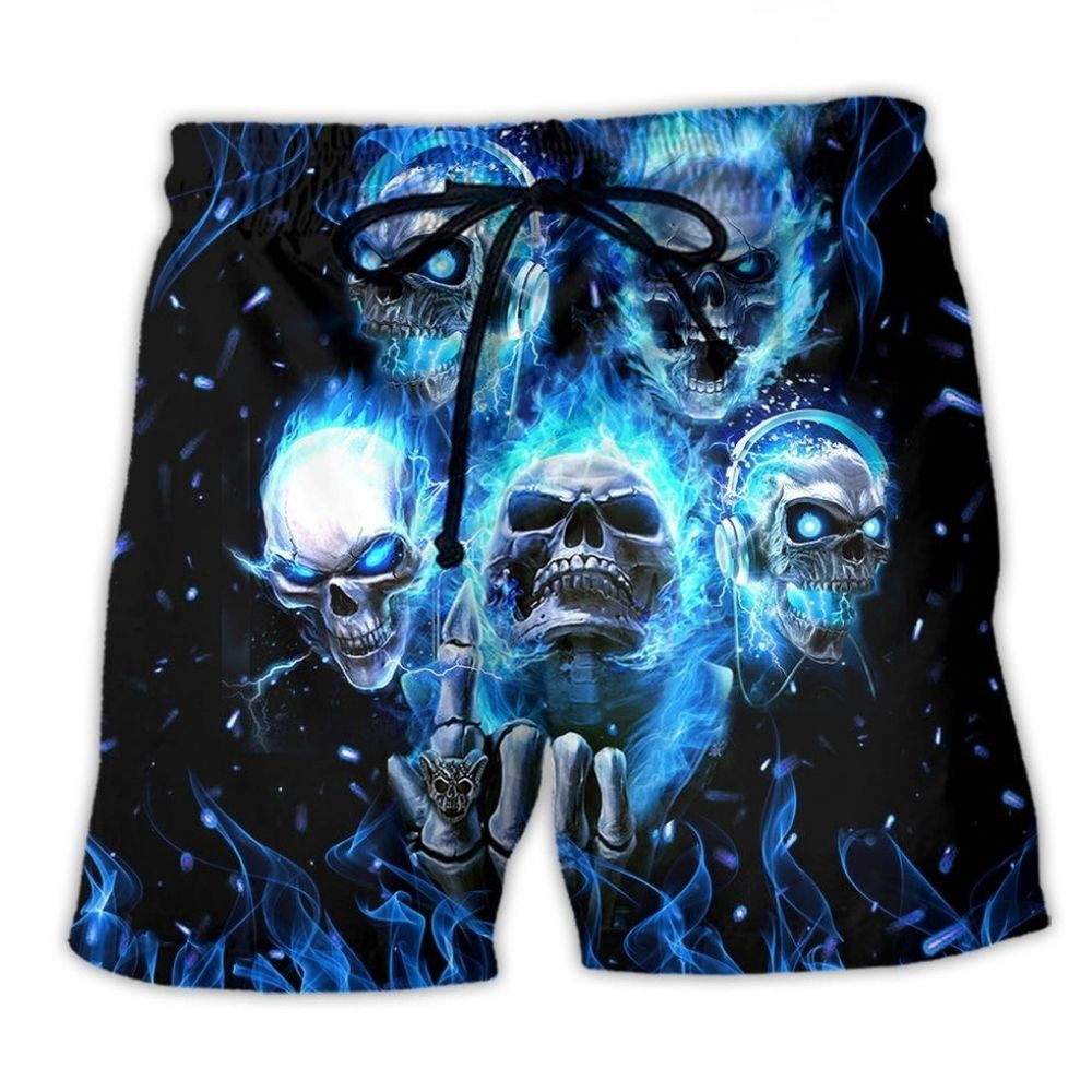 Blue Angry Skull Power Beach Shorts Artwork View For Seaside Trips And Casual Style