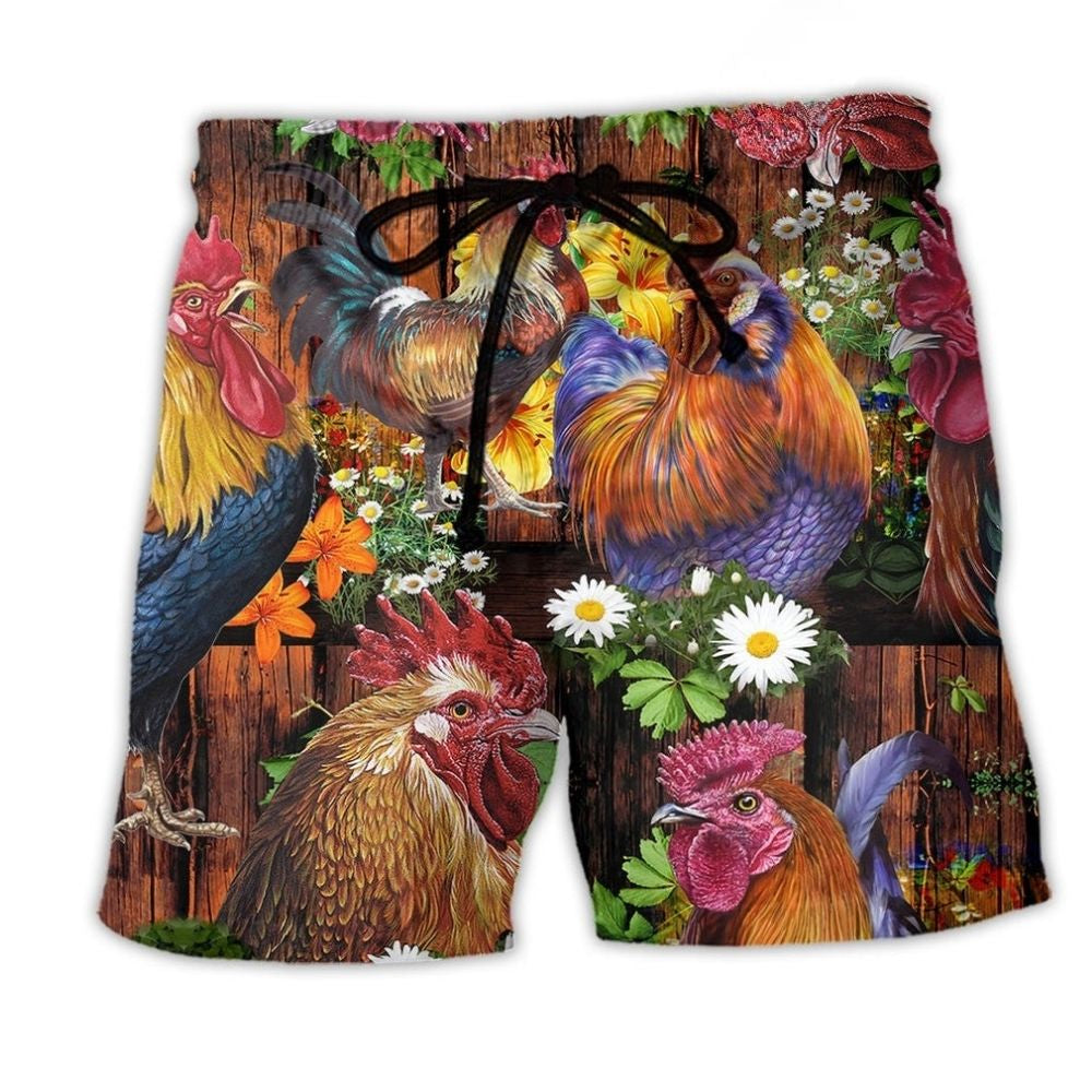 Rise Shine Rooster Floral Beach Shorts For Summer Vacations And Casual Outdoor Comfort