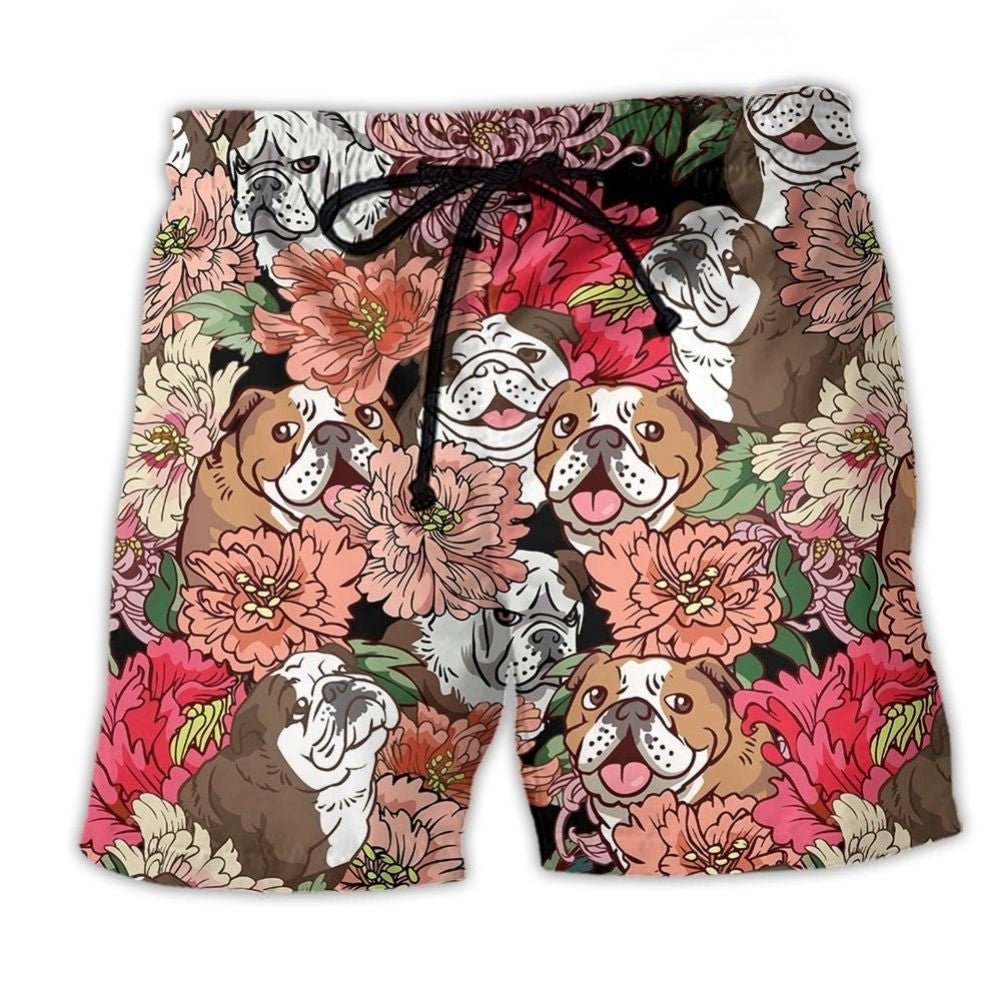 Bulldog With Lovely Floral Beach Shorts For Warm Weather Travel And Everyday Comfort