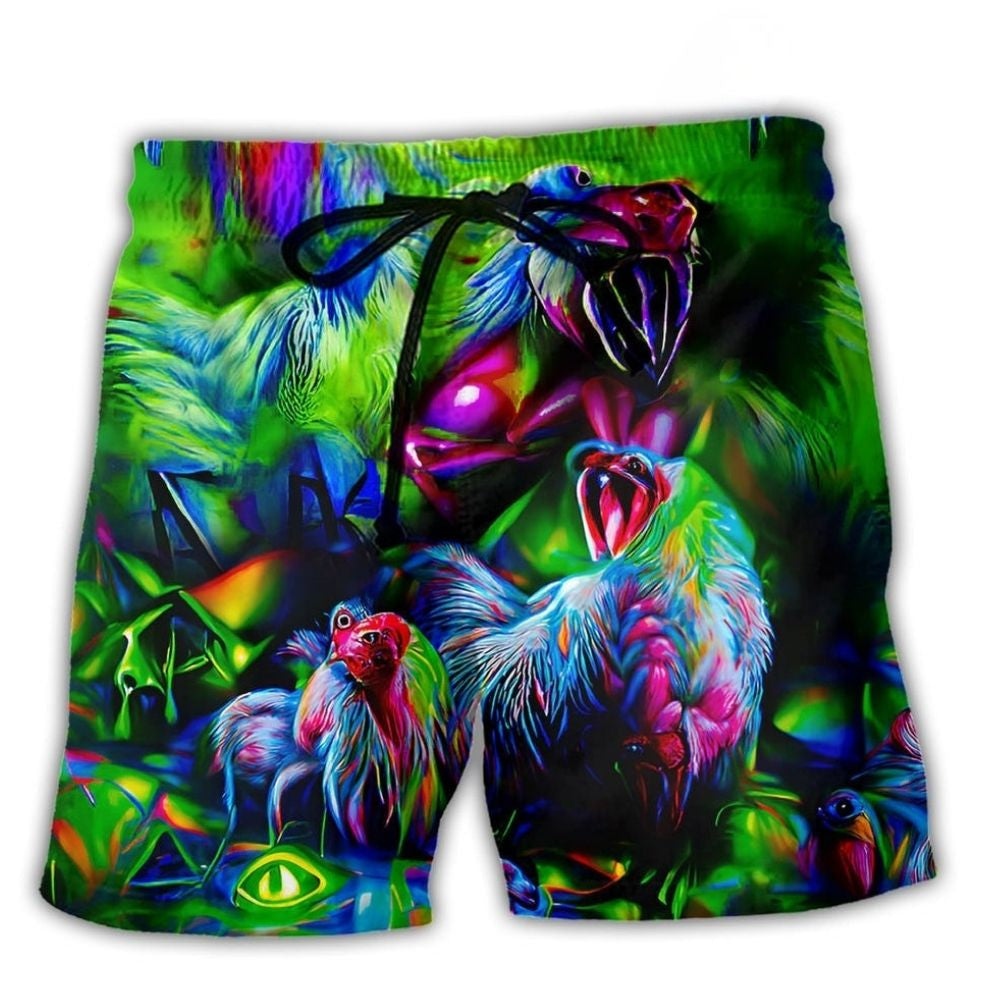 Crowing Rooster Neon Farm Humor Beach Shorts For Resort Travel And Thoughtful Summer Gifting
