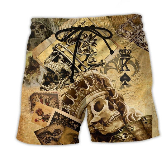 Skull Ace Gambling Beach Shorts Artwork Detail For Casual Warm Weather Outfits