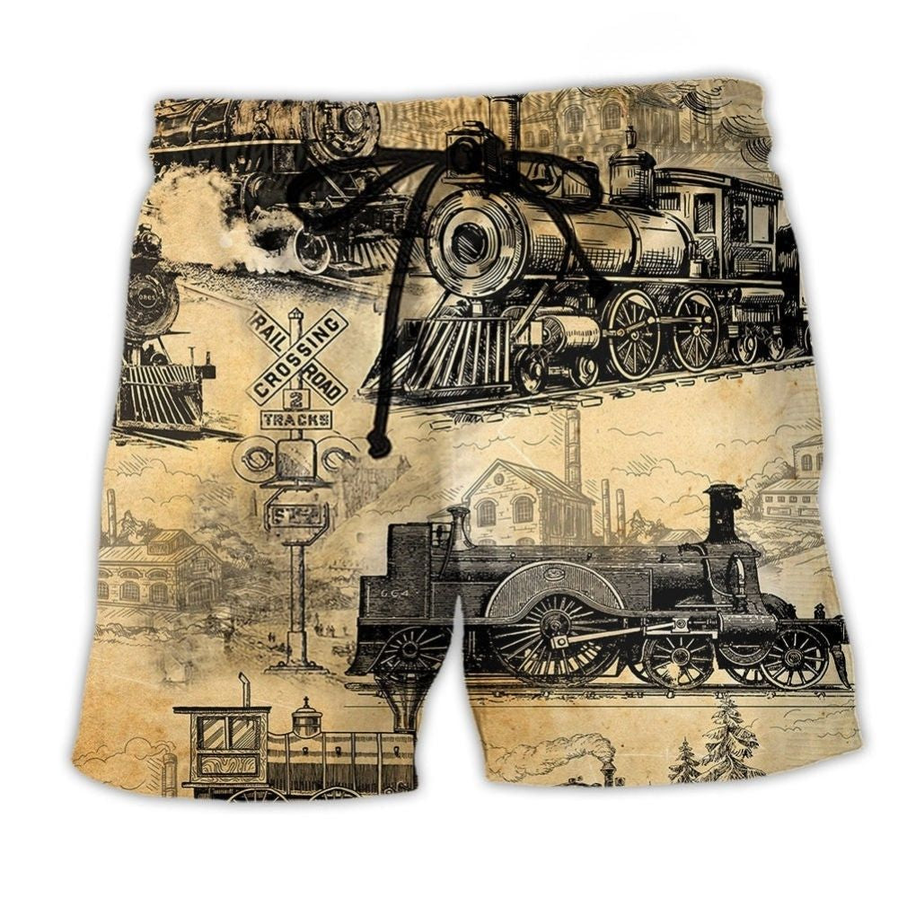 Train Railway Yellow Beach Shorts Artwork Detail For Car And Bike Lover Gifts