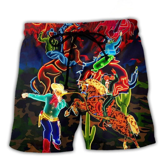 Cowboy Riding Horse Neon Desert Beach Shorts Pattern View For Coastal Holidays And Casual Activities