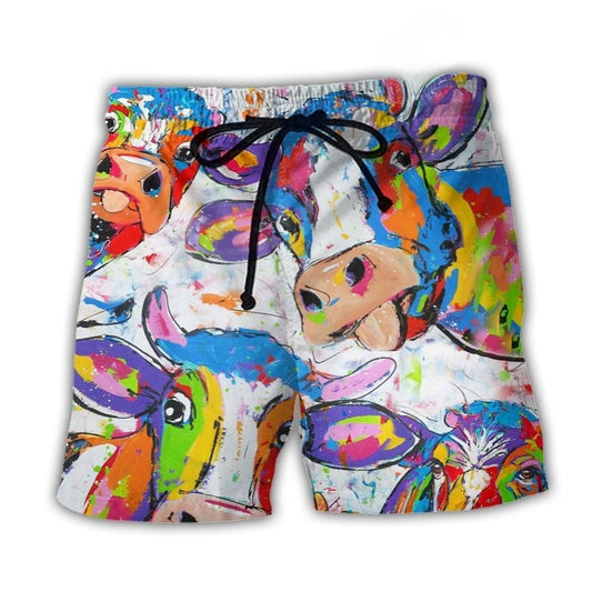 Funny Cow Colorful Farm Beach Shorts Pattern Detail For Sunny Outdoor Activities
