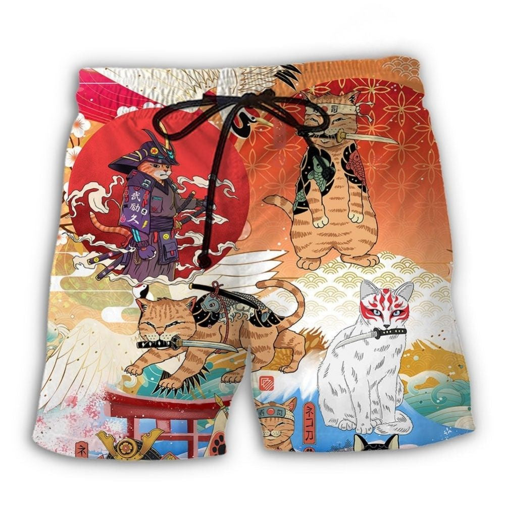 Samurai Cat Japanese Beach Shorts For Oceanfront Weekends And Relaxed Casual Style