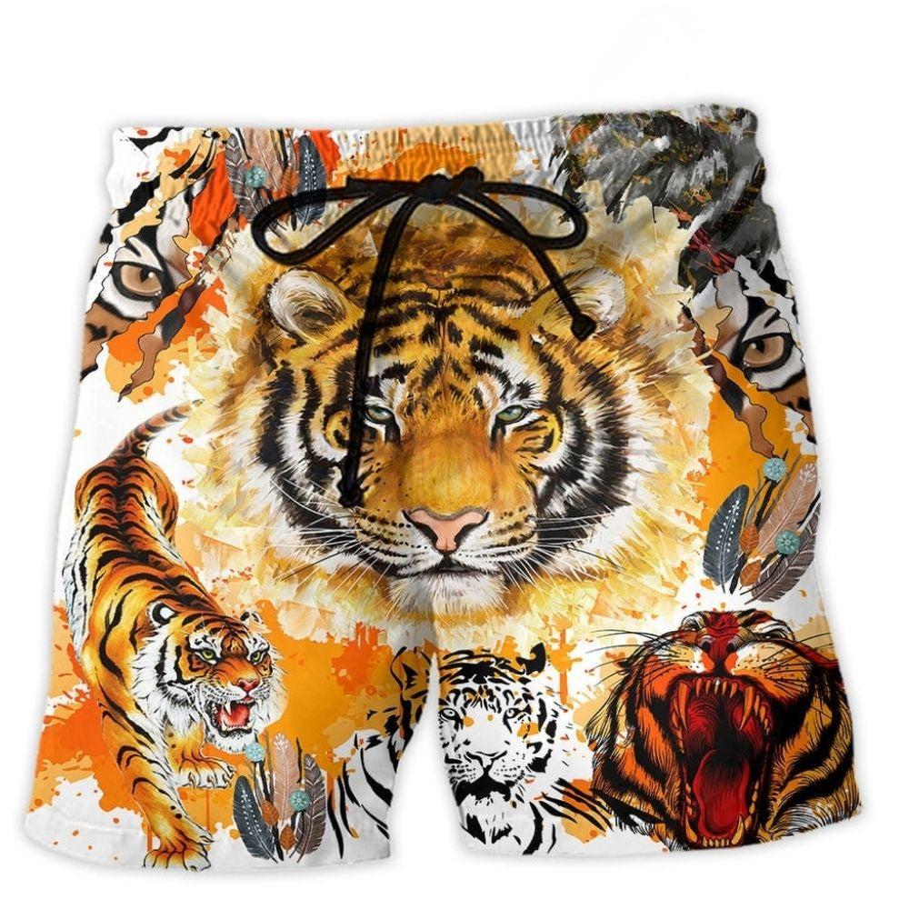Colorful Tiger Painting Cool Beach Shorts Design Detail For Casual Warm Weather Outfits