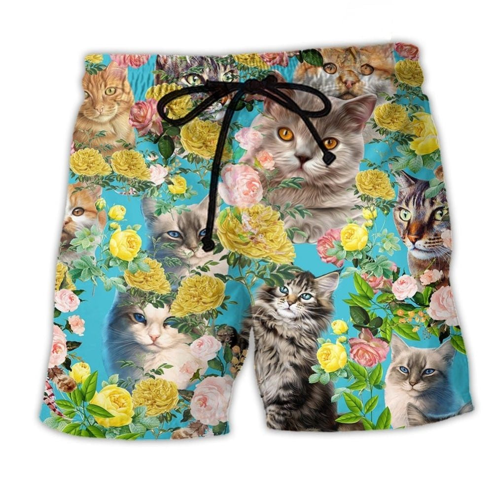 Cute Kitten Flower Beach Shorts For Holiday Cruises And Travel Ready Comfort