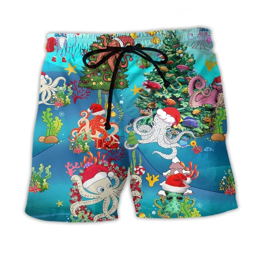 Octopus Merry Christmas Beach Shorts For Warm Weather Outings And Flexible Everyday Wear