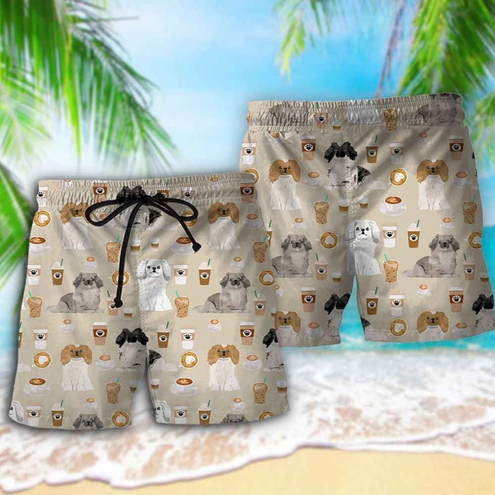 Pekingese Dog And Coffee Cozy Vibes Beach Shorts For Beach Trips And Relaxed Vacation Styling