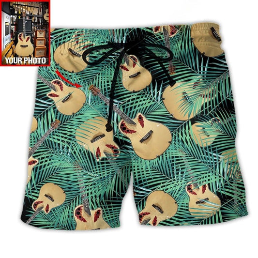Tropical Guitar Leaf Photo Beach Shorts For Summer Festivals And Casual Outdoor Comfort