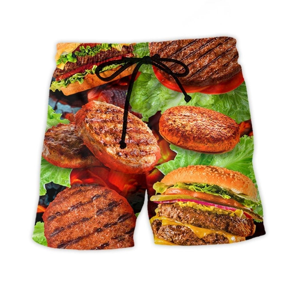 BBQ Hamburger Grilling Food Beach Shorts Artwork Detail For Tropical Travel And Everyday Wear