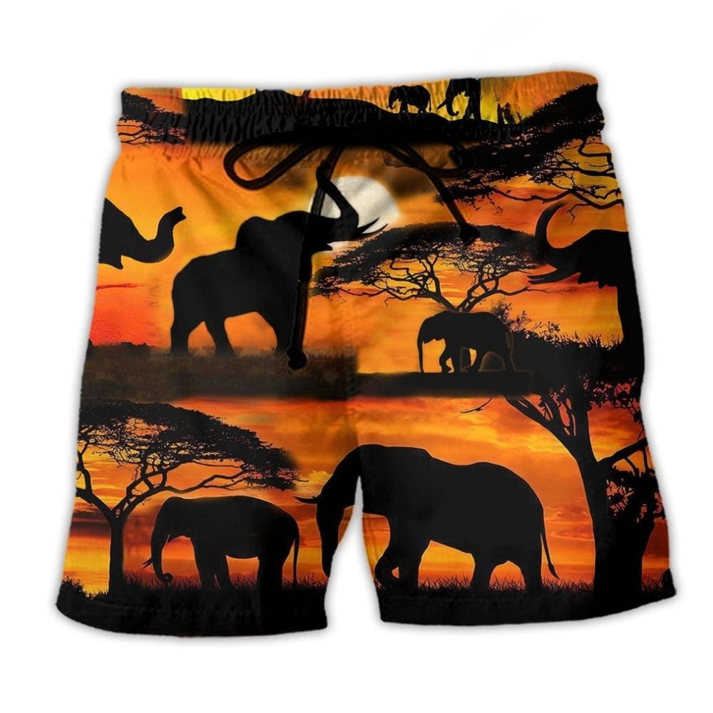 Elephant Strength Sunset Beach Shorts For Vacation Travel And Easygoing Coastal Style