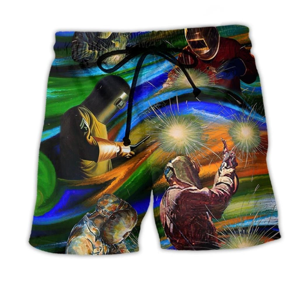 Welder On Fire Humor Quote Beach Shorts Artwork Detail For Casual Warm Weather Outfits