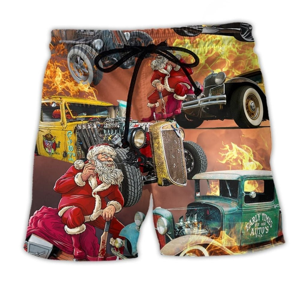 Hot Rod Santa Fire Christmas Beach Shorts For Sunny Day Getaways And Easygoing Coastal Style