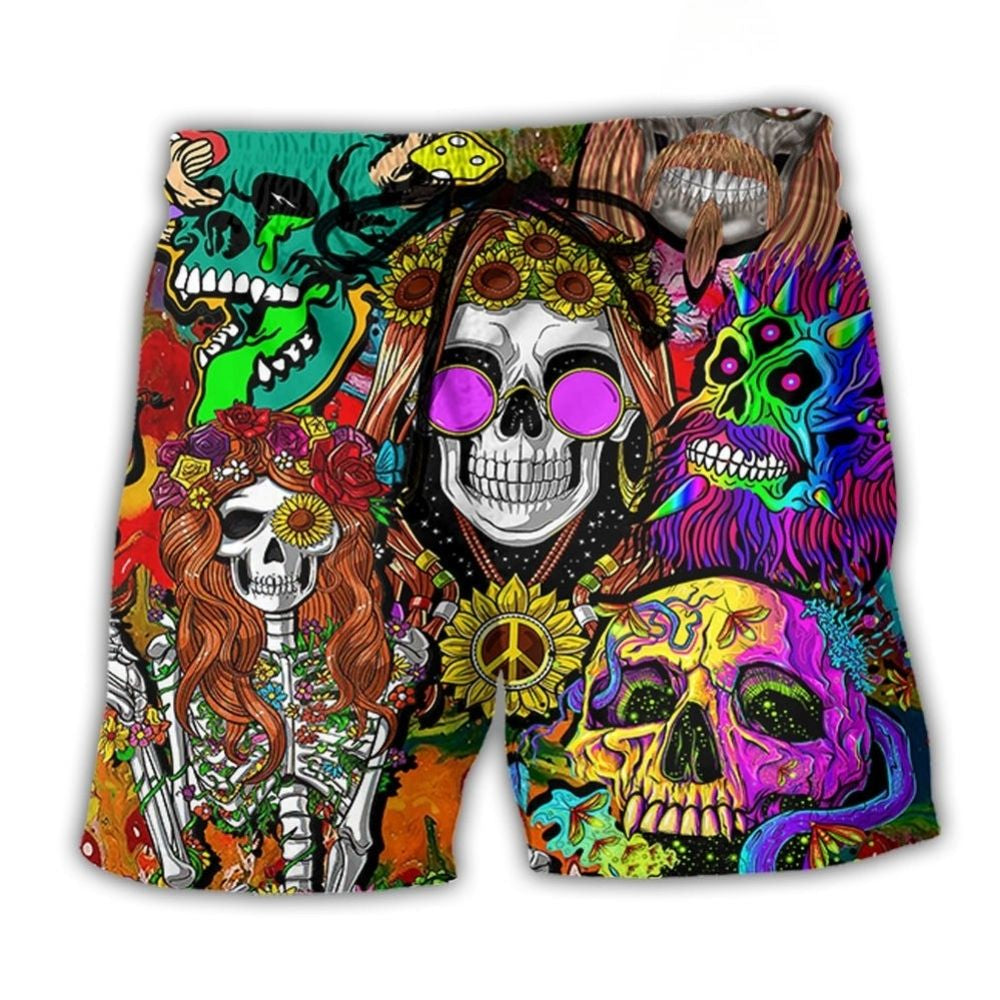 Hippie Skull Colorful Retro Beach Shorts For Coastal Adventures And Relaxed Summer Wear