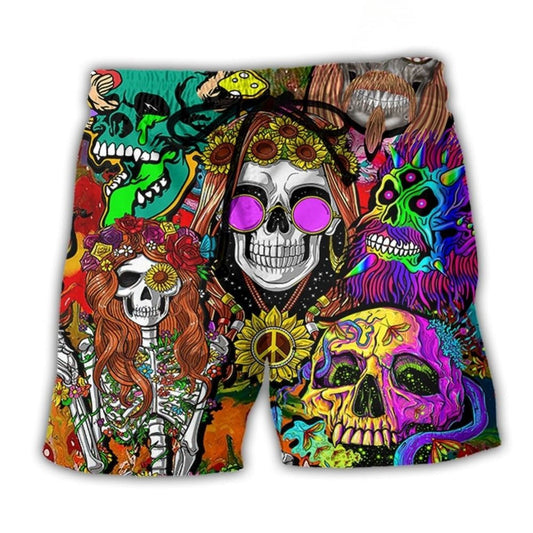 Hippie Skull Colorful Retro Beach Shorts For Coastal Adventures And Relaxed Summer Wear