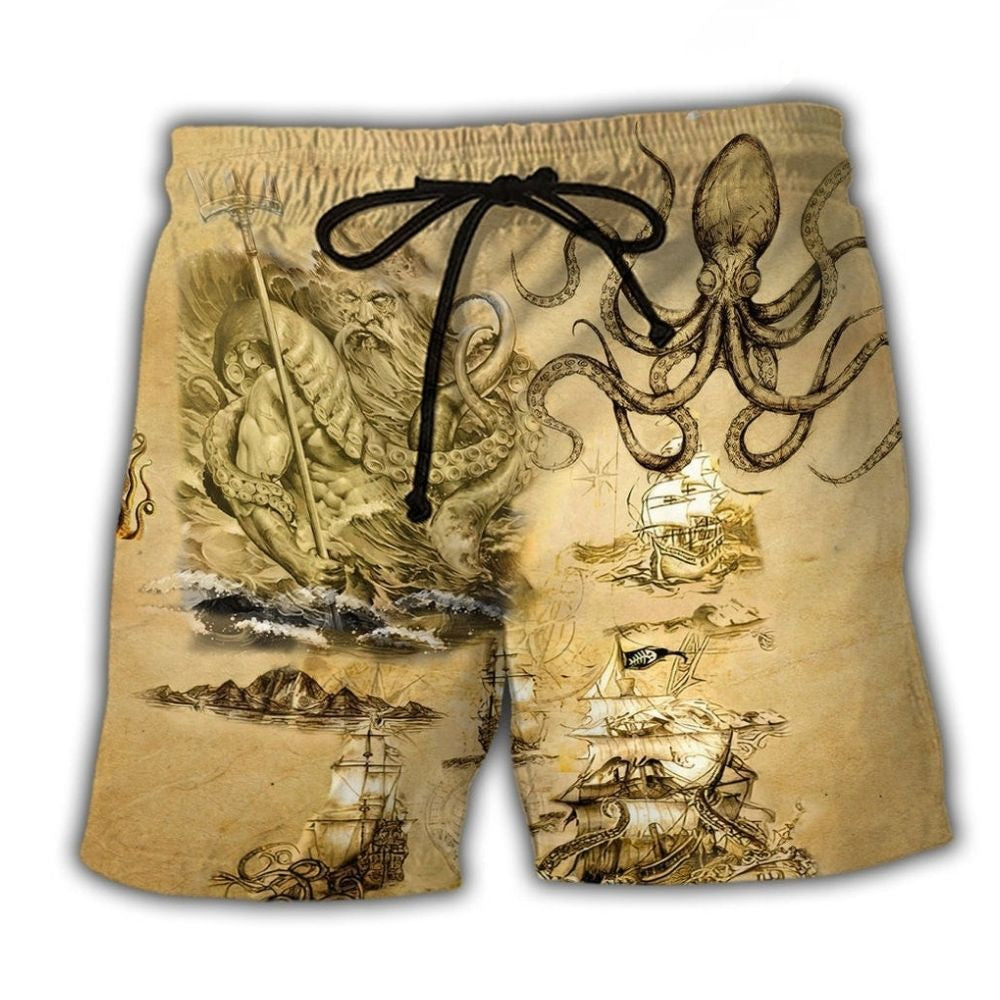 Octopus Sail Retro Beach Shorts Pattern View For Island Getaways And Summer Trips