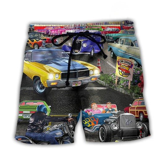 Hot Rod Lover Classic Cool Beach Shorts Artwork Detail For Tropical Travel And Everyday Wear