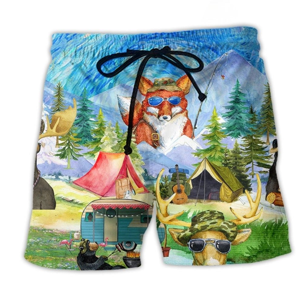 Camping Animals Happy Outdoor Beach Shorts Print View For Coastal Escapes And Casual Outings