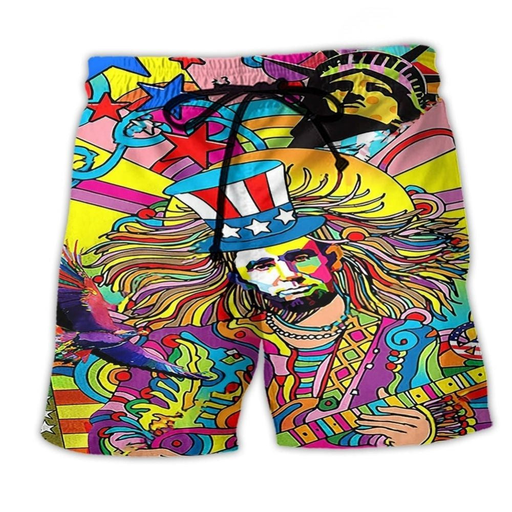 Hippie America Peaceful Colors Beach Shorts Design Detail For Resort And Beach Day Style