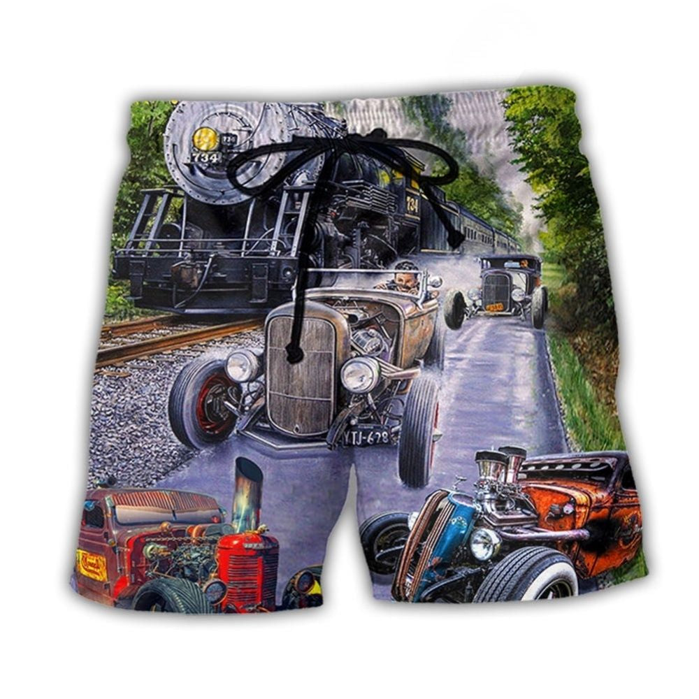Hot Rod Racing Power Machine Beach Shorts Design View For Poolside Relaxation And Holiday Trips