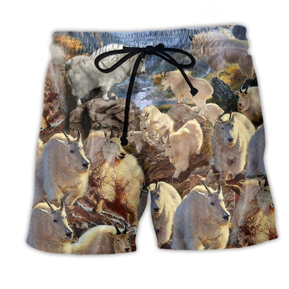 Mountain Goats Snowy Wilderness Beach Shorts Artwork Detail For Comfortable Everyday Summer Wear