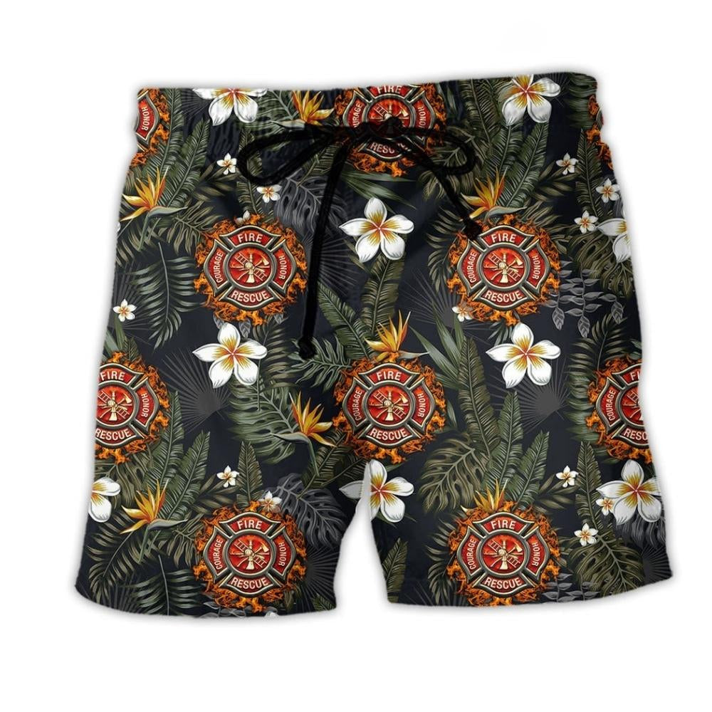 Firefighter Flower Inspired Beach Shorts Pattern View For Work Pride Gifts And Beach Days