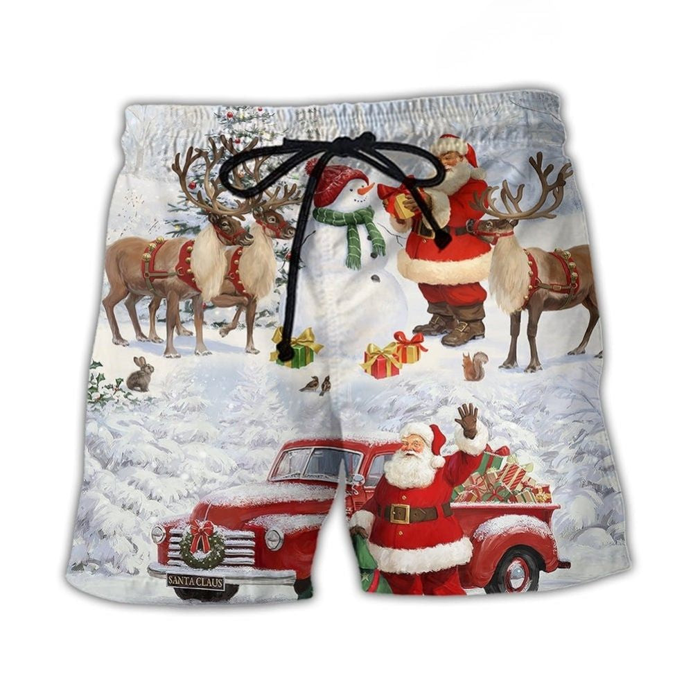 Christmas Santa Snow Gift Painting Beach Shorts Pattern View For Vacation Travel And Outdoor Fun
