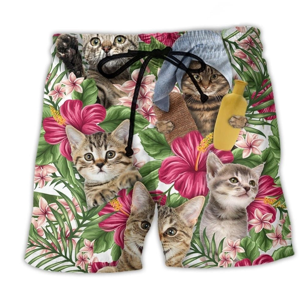Tabby Cat Summer Tropical Floral Beach Shorts For Beach Days And Distinctive Seasonal Style