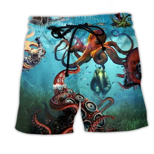Octopus Giant Diver Green Beach Shorts Print Detail For Relaxed Warm Weather Outfits