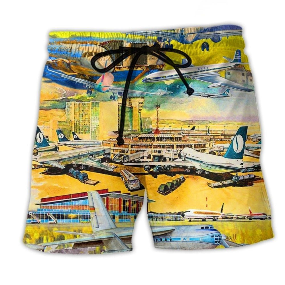 Airplane Takeoff Colorful Sky Beach Shorts Design View For Comfortable Resort And Beach Styling