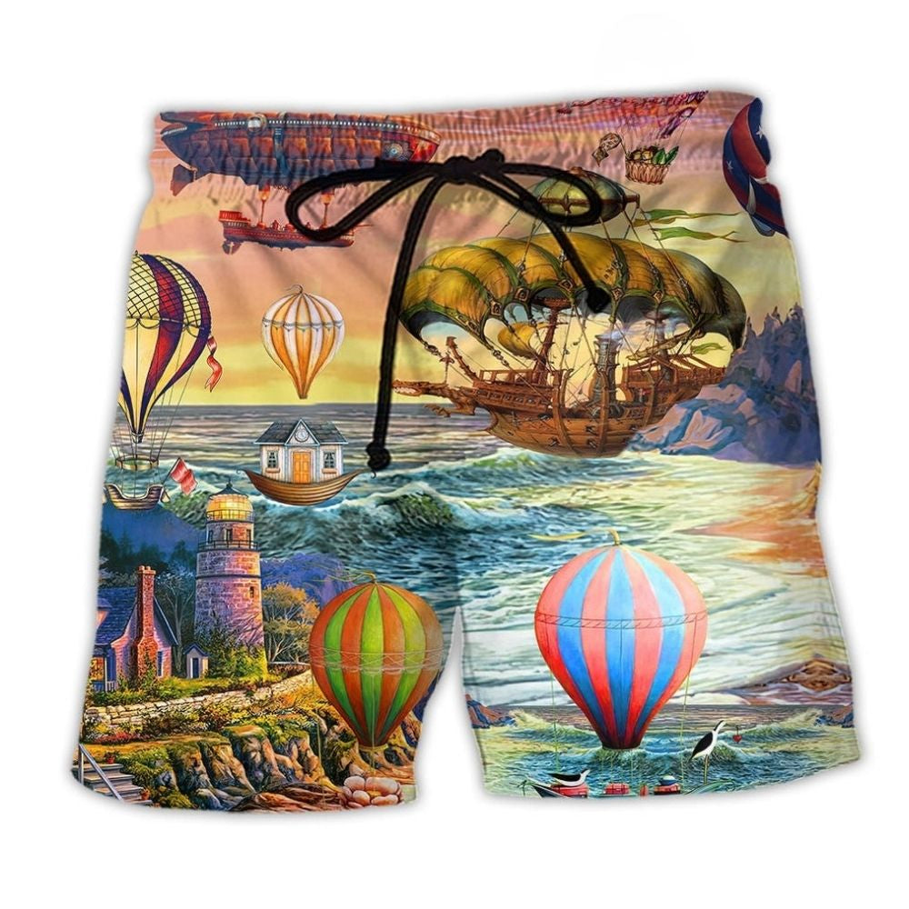Steampunk Air Balloon Adventure Beach Shorts For Seaside Travel And Vacation Ready Style