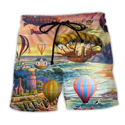 Steampunk Air Balloon Adventure Beach Shorts For Seaside Travel And Vacation Ready Style