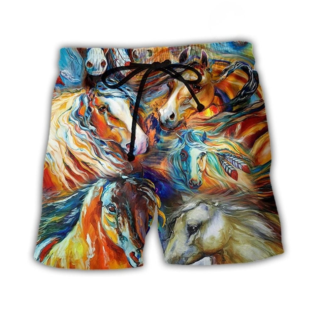 Colorful Horse Portrait Artistic Beach Shorts Pattern View For Vacation Travel And Outdoor Fun