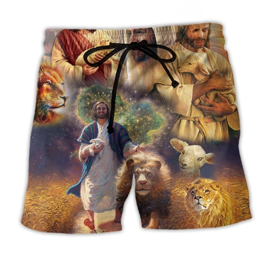 Jesus Animals Saved Inspired Beach Shorts Pattern View For Relaxed Vacation Styling