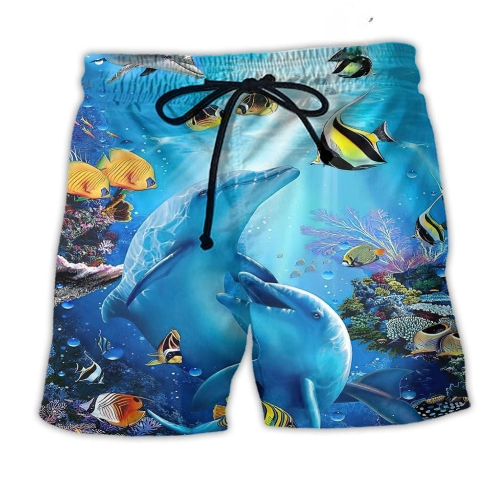 Dolphin Ocean Blue Beach Shorts Pattern View For Island Getaways And Summer Trips