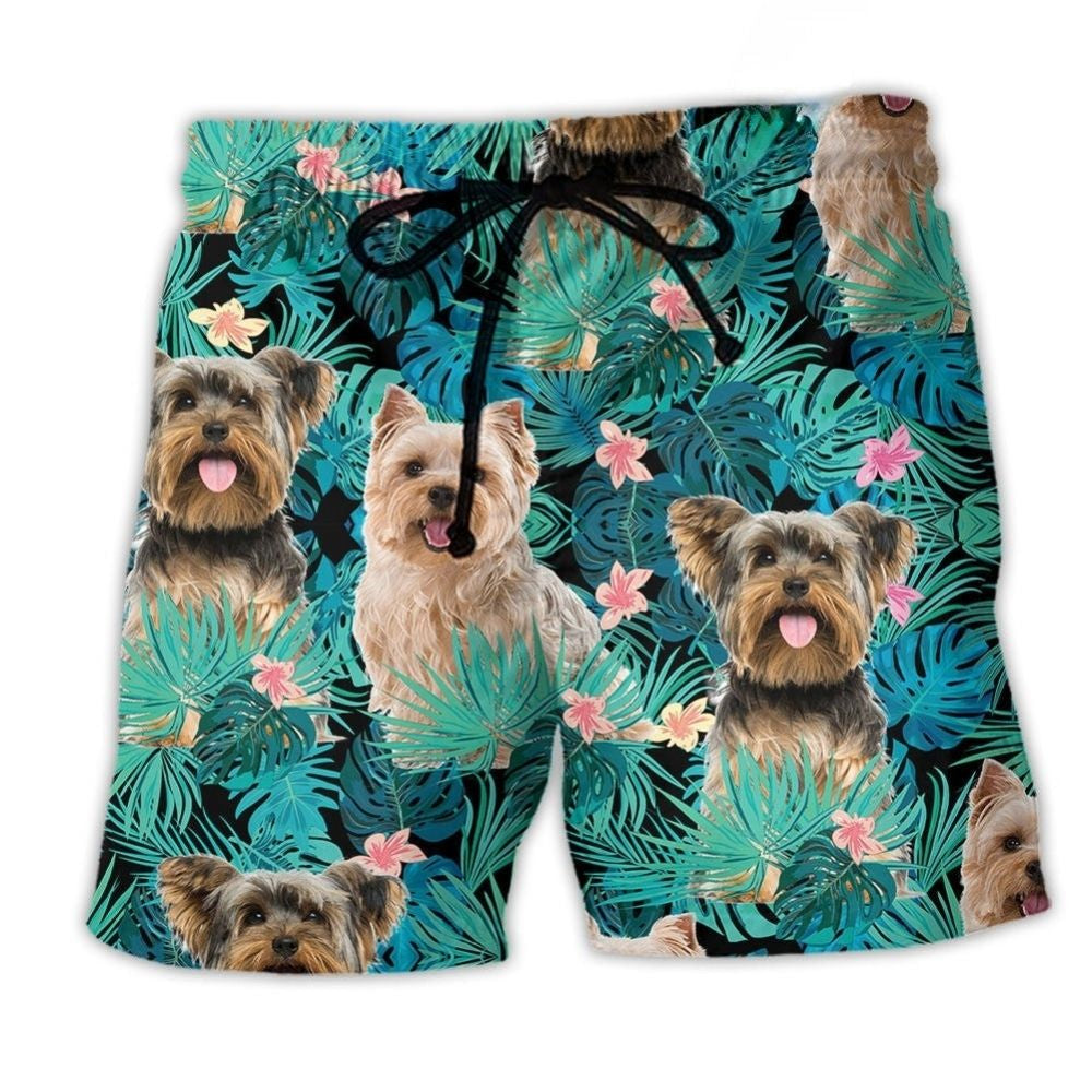 Yorkshire Terrier Tropical Floral Beach Shorts Pattern View For Coastal Holidays And Casual Activities
