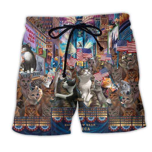 Countdown With Cute Cats Patriotic Beach Shorts Graphic Detail For Resort Trips And Casual Outings