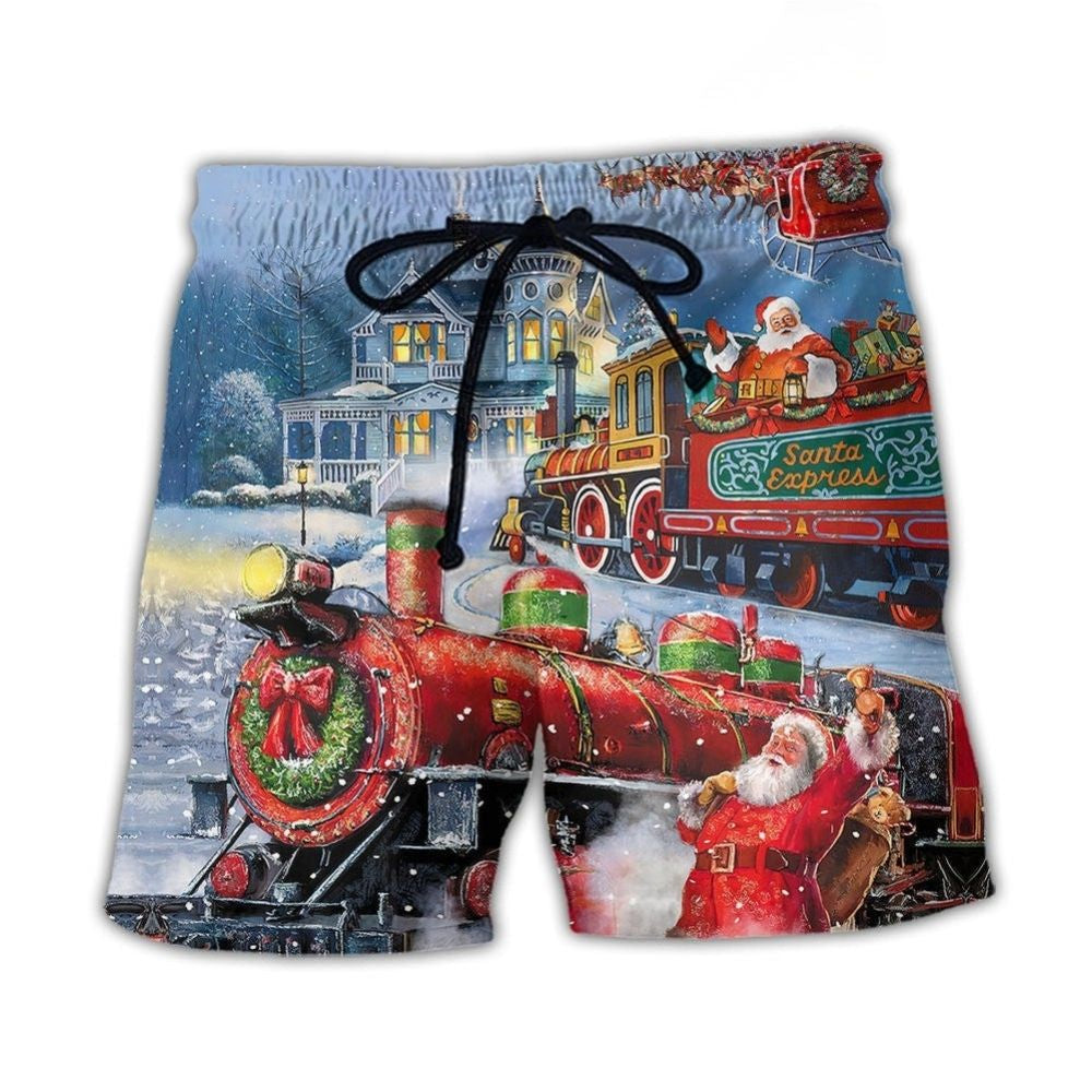Christmas Santa Train Painting Beach Shorts For Coastal Adventures And Relaxed Summer Wear