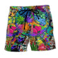 Hippie Alien Frog Mushroom Peace Beach Shorts Design Detail For Festival Travel And Beach Days