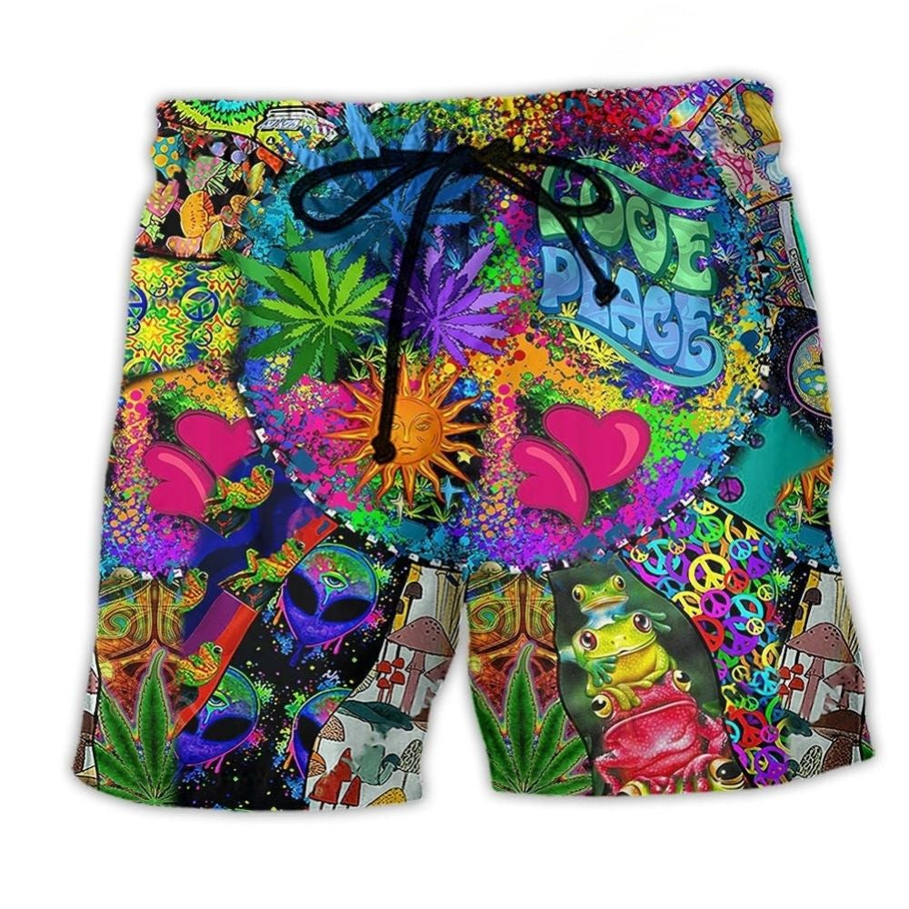 Hippie Alien Frog Mushroom Peace Beach Shorts Design Detail For Festival Travel And Beach Days